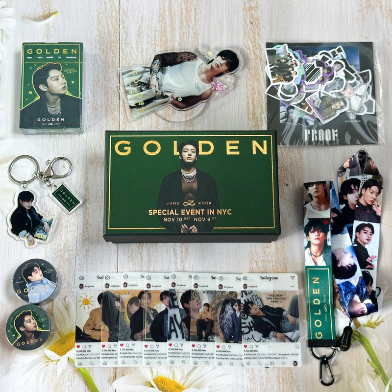 KIT JUNGKOOK DORADO CON 159 PIEZAS (CAJA DE REGALO CON/ ¡VARIOS ARTÍCULOS!✨)