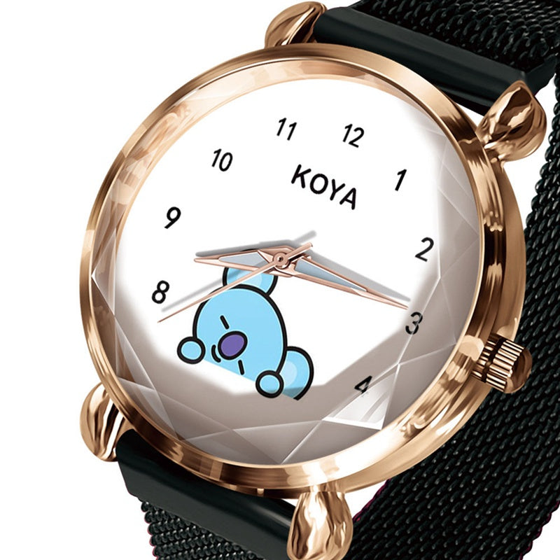 RELOJES BT21 CON CIERRE MAGNÉTICO PULSERA NEGRA (todos los personajes)