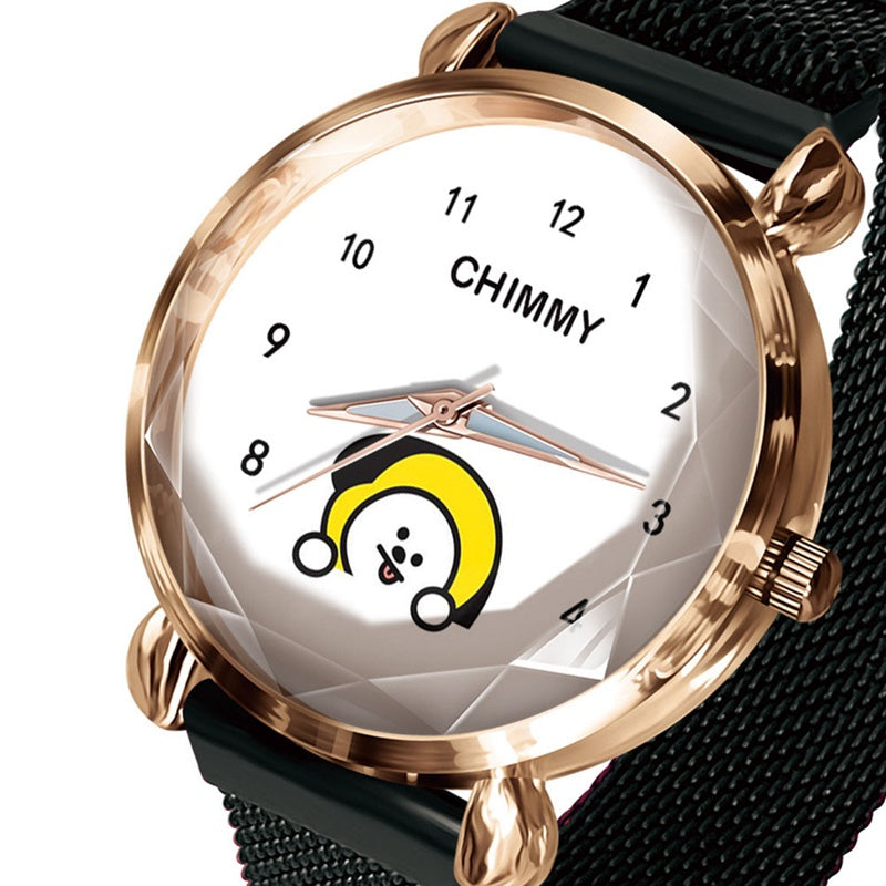 RELOJES BT21 CON CIERRE MAGNÉTICO PULSERA NEGRA (todos los personajes)