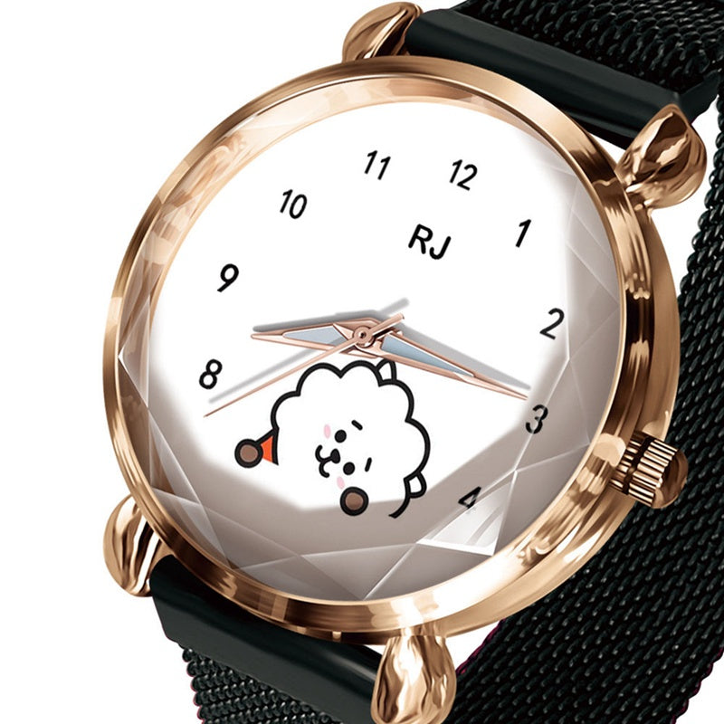 RELOJES BT21 CON CIERRE MAGNÉTICO PULSERA NEGRA (todos los personajes)